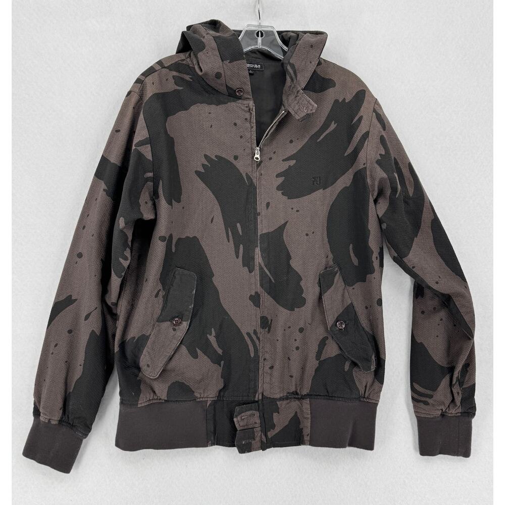 Freshjive Streetwear Mens Black Brown Camouflage Cotton Zip Up Hoodie Jacket L
